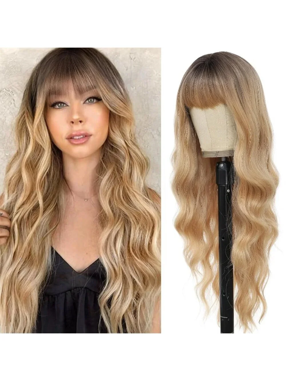 Women's Dark Blonde 26 Inch Natural Looking Heat Resistant Synthetic Wigs Bangs